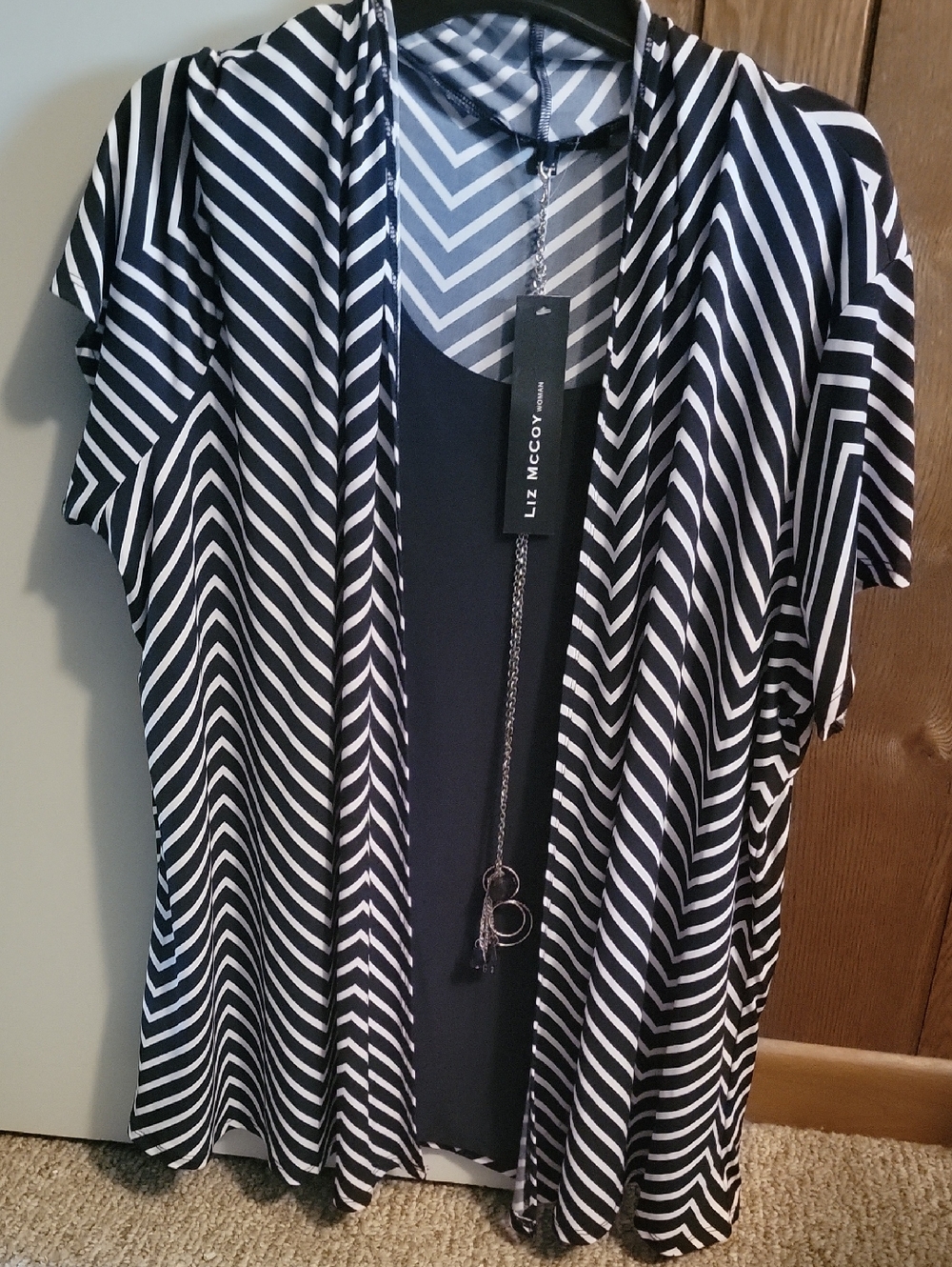 Liz McCoy Black & White Striped Open-Front Blouse